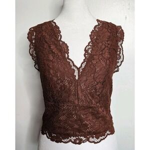 Express Shirt Women M Brown Lace Cropped Tank Ruched Stretch Festival Fairy Y2K